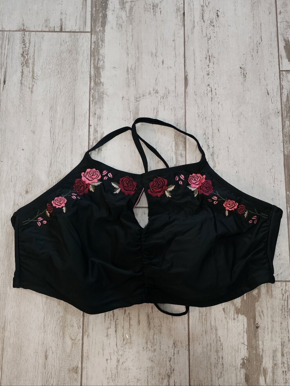 Black Bikini Top with Pink & Red Rose Embroidery Keyhole 26W